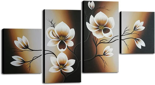 Large Modern 4 Pcs 100% Hand Painted Gallery Wrapped Abstract Floral Oil Paintings on Canvas Wall Art Yellow Flowers Bloom Artwork Ready to Hang for Living Room Bedroom Home Decorations L